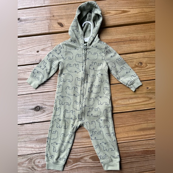 Infant Baby 12M Carter's Green Hooded Zip Up One Piece - Picture 2 of 6